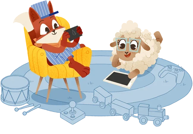Fox enjoys a book while Sheep explores a tablet.