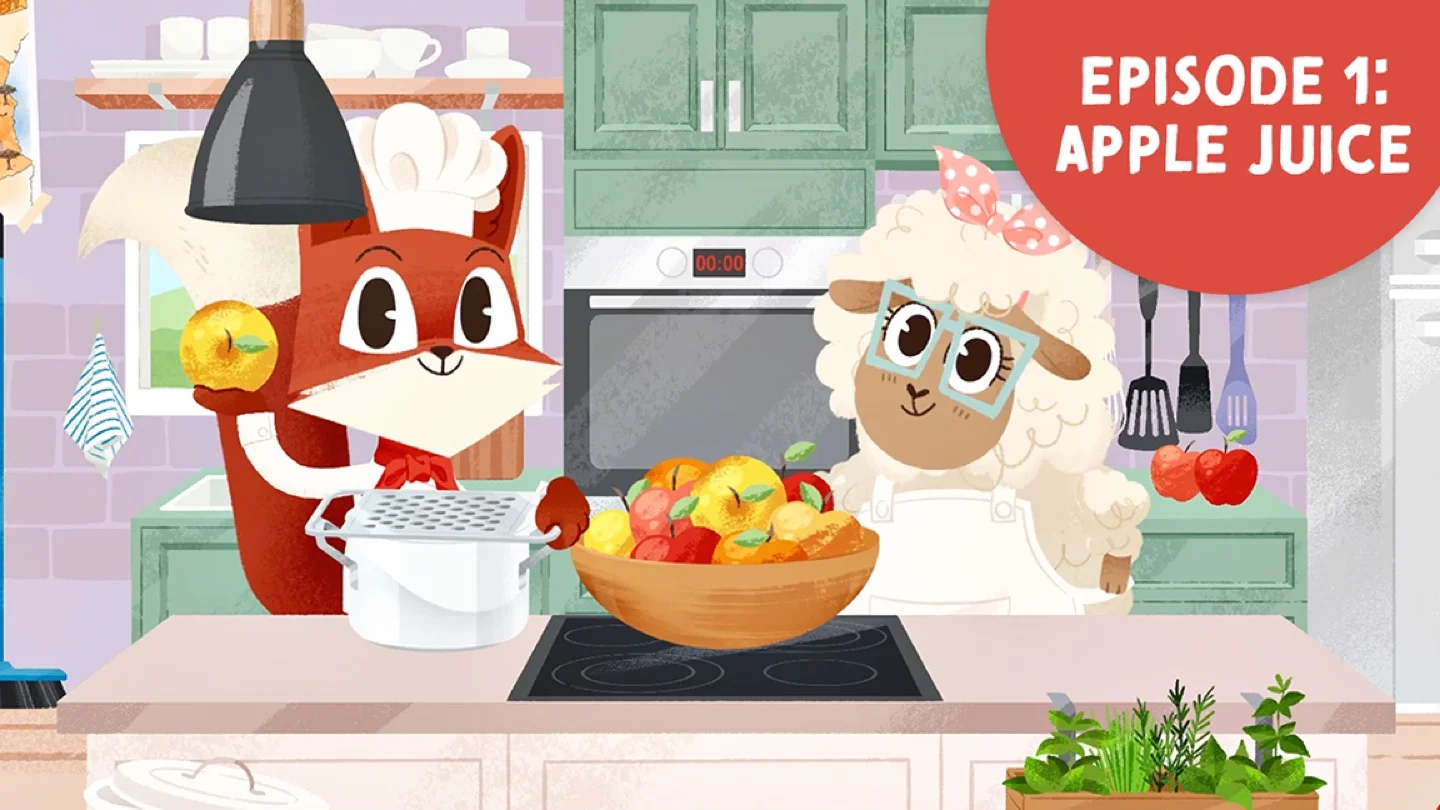 Fox and Sheep in their kitchen with a bowl full of apples